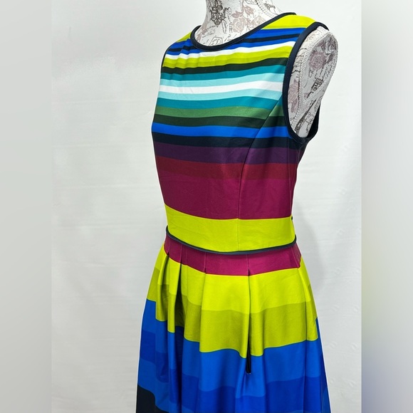 TAHARI Multi color sleeveless stripe scuba fit and flare dress size 12. - Picture 3 of 14